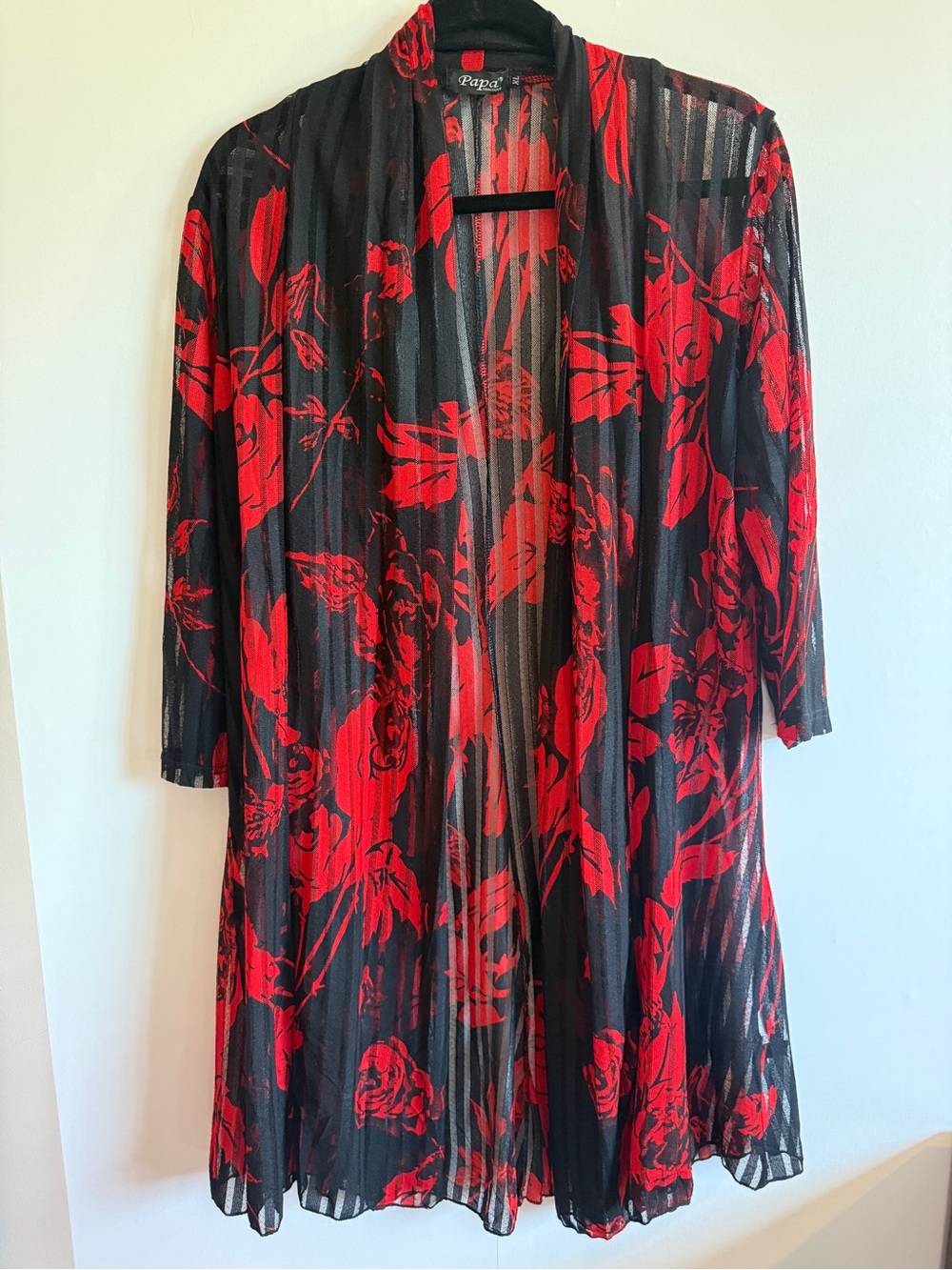 Papa Fashions Vancouver XL Black Red Floral Sheer Mesh Open Front Cardigan